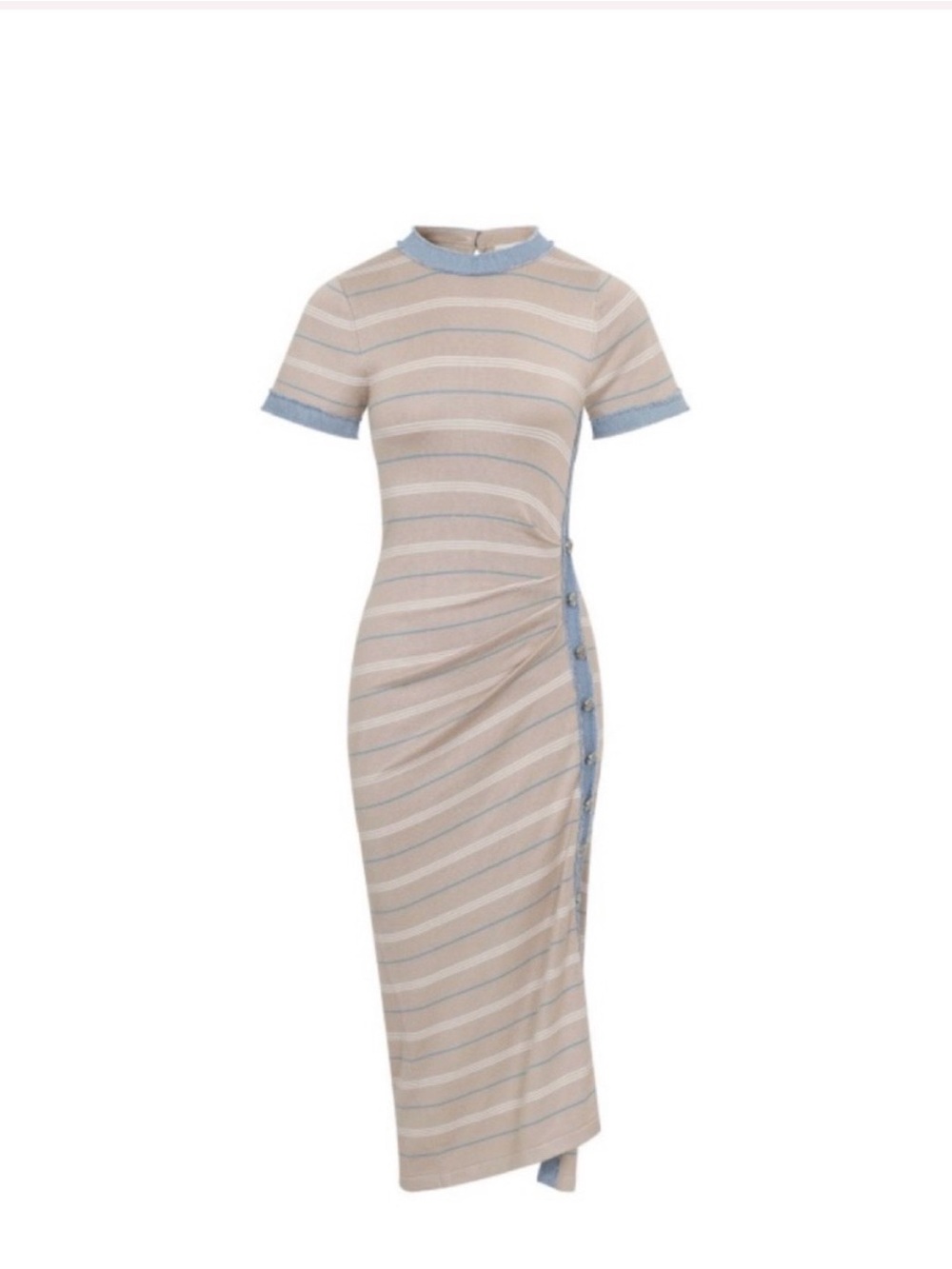 Striped Short-Sleeve Midi Dress with Side Button Detail - Beige & Light Blue